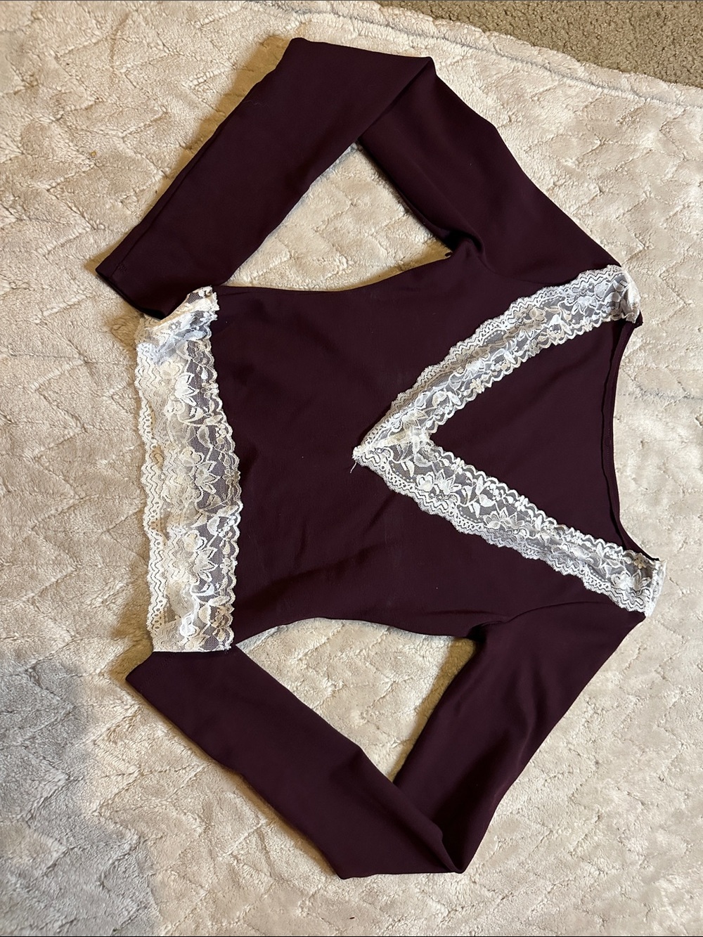 Deep Plum Lace Trim Long Sleeve Top